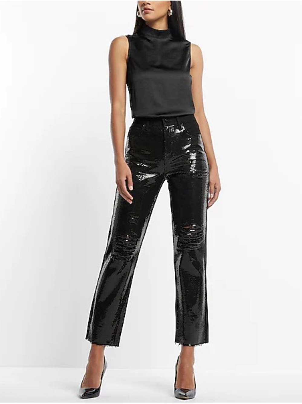 Express Black High-rise Distressed Sequin Straight-Leg Pants